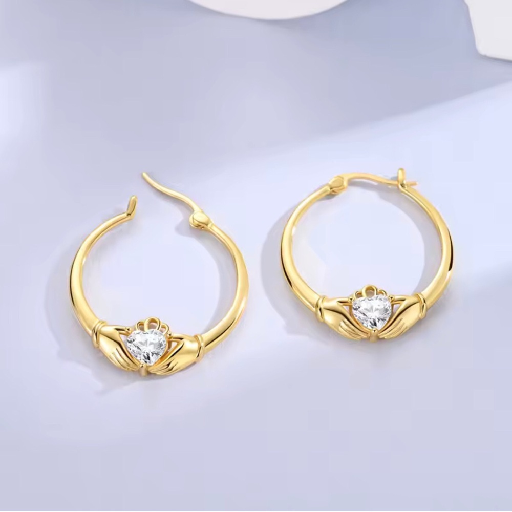 Gold Claddagh Hoop Earrings with Clear Stone